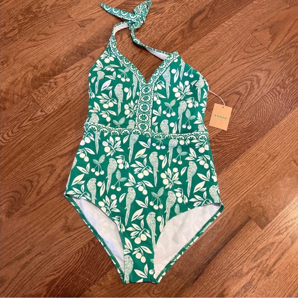 Boden Green Halter One-Piece Swimsuit with White Floral Print - Picture 2 of 3